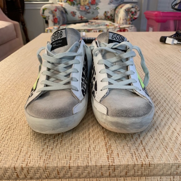 Golden Goose Superstar sneakers. B&W print w neon yellow & orange accents. EUC. - Picture 5 of 9